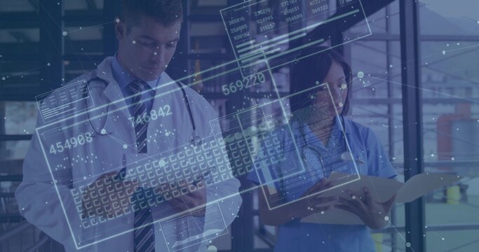 Medical staff writing on clipboard and reading folder in hospital, with stethoscopes and overlays