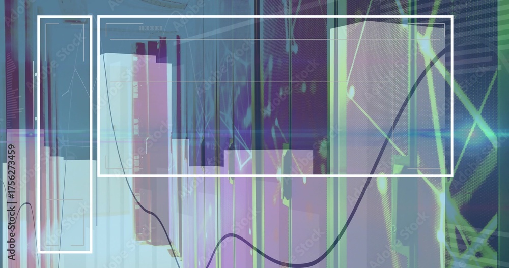 Wall mural displaying charts with see-through bars and curvy lines on grid with nodes and white frames