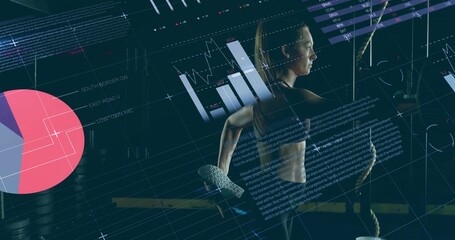 Pulling athlete wearing sports bra with leggings at gym, gripping rope amid plates and data overlay