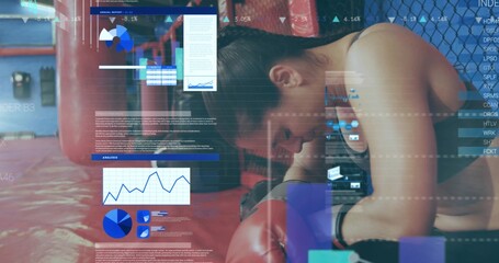 Kneeling boxer bowing head in boxing ring, with red gloves, digital analytics overlays, copy space