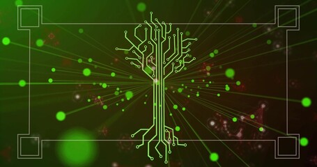 Radiating green circuit-tree graphic glowing in digital space, with glowing orbs and pixel clusters