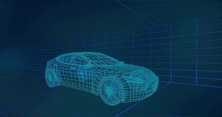 Displaying digital wireframe car model in virtual 3D modeling space, with neon-blue gridlines