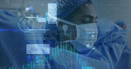 Female healthcare worker donning surgical gown mask hair cap gloves in OR, with digital overlays