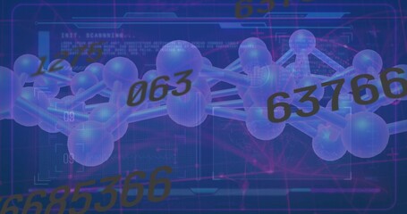 Sphere-and-rod molecular model rotating over grid in data space, with numeric codes and HUD overlay