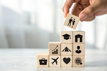 Building blocks of life and success with icons representing goals