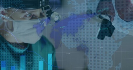 Inspecting surgeon wearing scrubs and mask using headlamp microscope with overlay in OR, copy space