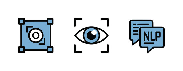 Artificial Intelligence Icons Set &ndash; Computer Vision, Eye Recognition, NLP Chat Vector Illustration