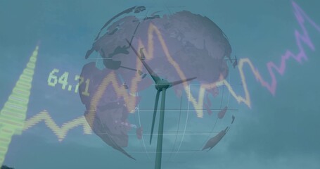 Standing wind turbine projecting energy trends at wind farm, with globe wireframe and data overlays