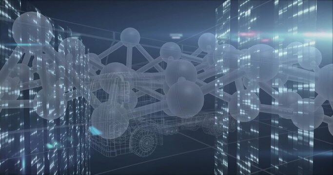 Fototapeta Floating wireframe truck merging into translucent molecular network in virtual space, data panels