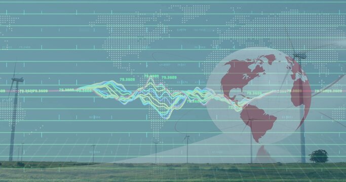 Displaying globe hovering over rural wind turbines, with grid overlay and waveform data lines