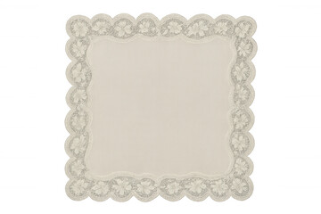 Vintage beige doily with scalloped lace edge and floral embroidery, transparent background