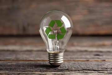 Recycle symbol inside a clear light bulb on a wooden background.
