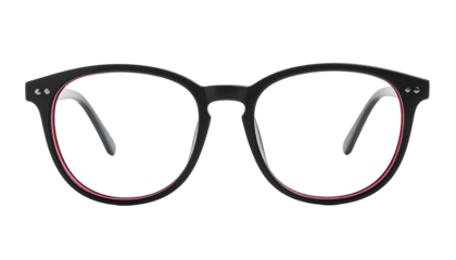 Black round eyeglasses with red inner rims, gray arms, and two rivets