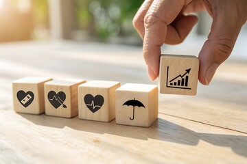 Hand placing growth chart block on wooden cubes representing life insurance and protection