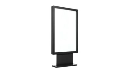 A tall, black, rectangular display with blank white screen, set against a black background
