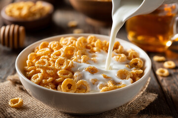A bowl of cereal with milk poured into it