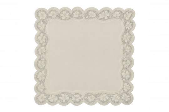 Vintage beige doily with scalloped lace edge and floral embroidery, transparent background - Powered by Adobe