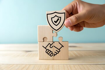 Hand placing shield icon on puzzle with handshake symbol for security and trust