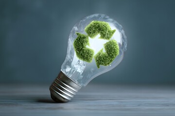 Green recycle symbol glows inside a light bulb representing eco friendly energy ideas.