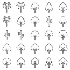 Collection of hand drawn tree and cactus icons in a grid layout