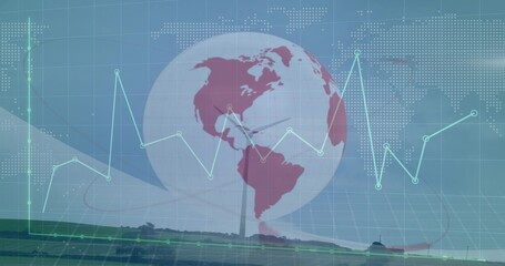 Displaying red globe above solar panels, wind turbine in energy graphic with grid overlays and map