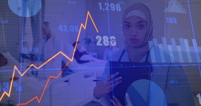 Analyzing doctor with stethoscope, clipboard examining charts on glass at hospital ward, copy space - Powered by Adobe