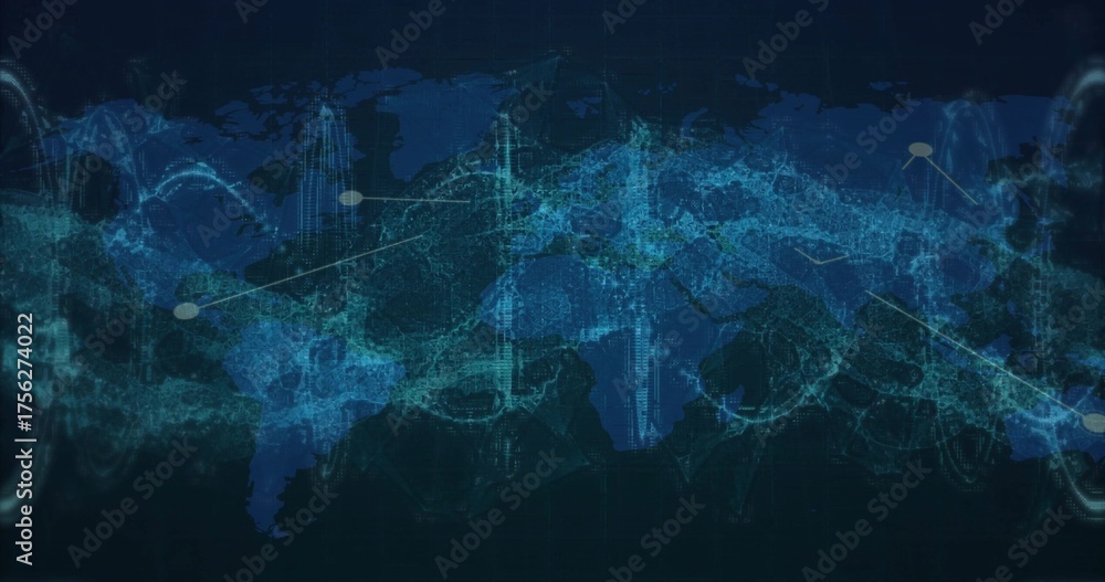 Wall mural displaying global network map with glowing nodes and data streams in virtual command center