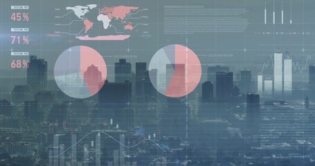 Displaying digital analytics overlay across city skyline, with world map, charts and numeric labels