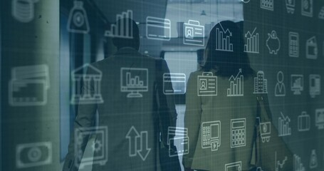 Walking professionals in suits carrying briefcases down office corridor with digital icons