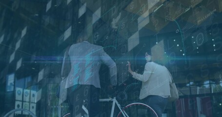 Interacting peers wearing business attire exploring holographic UI on sidewalk with white bicycle
