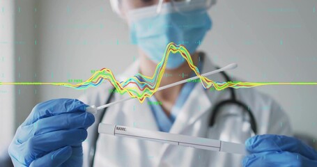 Holding swab and sample tube nurse wearing lab coat with stethoscope viewing data overlay in clinic