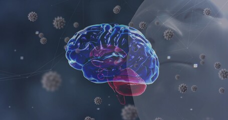 Rotating 3D brain model showing virus-like particles mesh nodes and head silhouette in dark lab