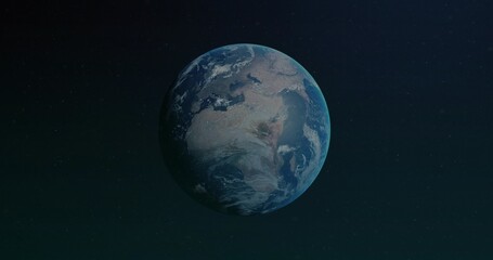 Fototapeta premium Floating spherical planet resembling Earth against outer space backdrop, with star speckles