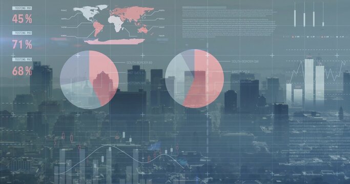 Displaying digital analytics overlay across city skyline, with world map, charts and numeric labels - Powered by Adobe