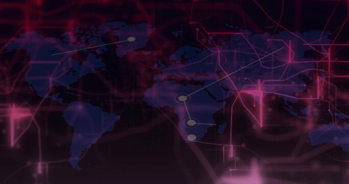 Digital world map featuring neon pink network lines and pulsating nodes in network interface