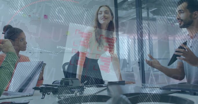 Team collaborating in office in business attire with laptop tablet drone smartphone notebook pen