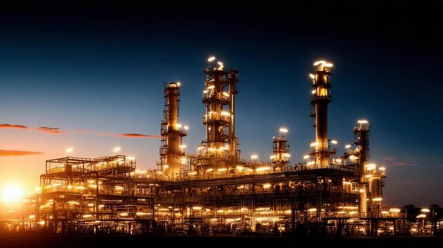 Industrial plant shines bright at sunset