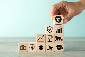 Hand stacking wooden blocks with business and success icons in a staircase formation