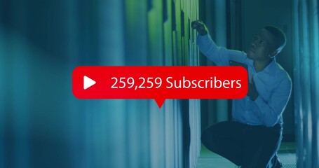 Kneeling tech in shirt checking server rack in data center, with subscriber overlay, copy space