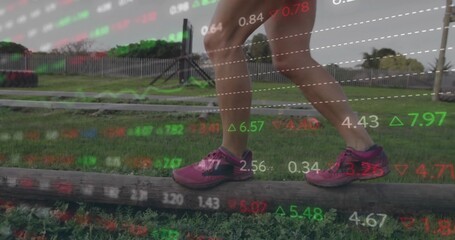 Balancing female athlete wearing purple running shoes on wooden beam outdoors, with numeric overlay