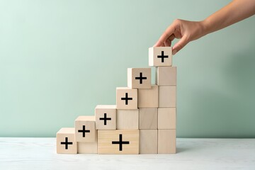 Hand adding a plus sign block to a growing staircase of wooden blocks