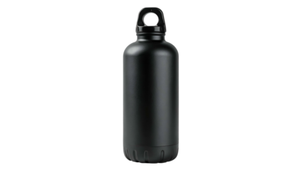 A tall, matte black water bottle with a curved base and handle, set against a dark background