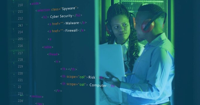 Two IT pros reviewing laptop in server room, with racks and code overlay, copy space