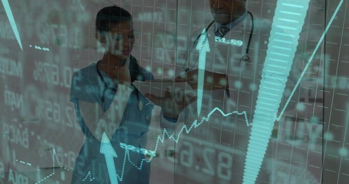 Female and male doctor reviewing tablet data in hospital room, with digital charts and stethoscopes - Powered by Adobe