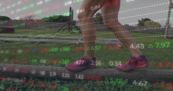 Balancing female athlete wearing purple running shoes on wooden beam outdoors, with numeric overlay
