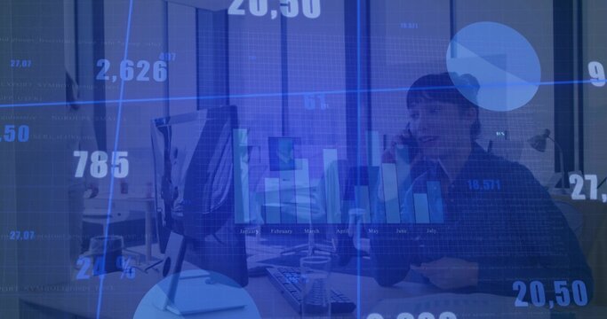 Female office worker talking on smartphone at office desk, with monitor and digital charts
