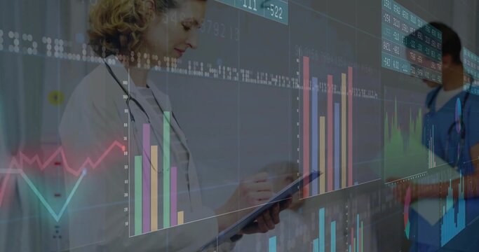 Female doctor holding tablet, checking charts in hospital corridor with coat, stethoscope, ID badge