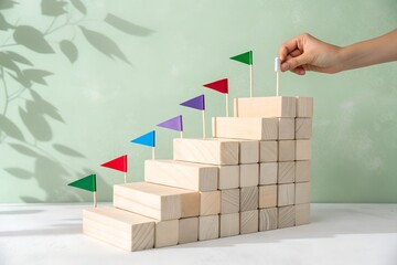 Hand placing colorful flags on wooden blocks forming a staircase