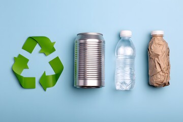 Recycle symbol and different materials are ready for reuse.