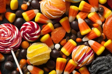Halloween candy corn and lollipops piled together creating a festive arrangement.